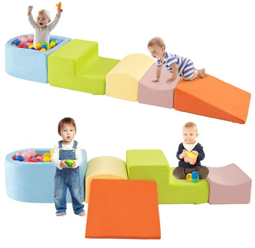 GOPLUS 5 PCS Parcours Motricité Bébé avec Piscine a Balle (Balle Non Inclus), Module Motricité Bébé avec Housse Amovible & Lavable, Bloc de Construction pour Grimper, Idéal pour Enfant Âge Préscolaire