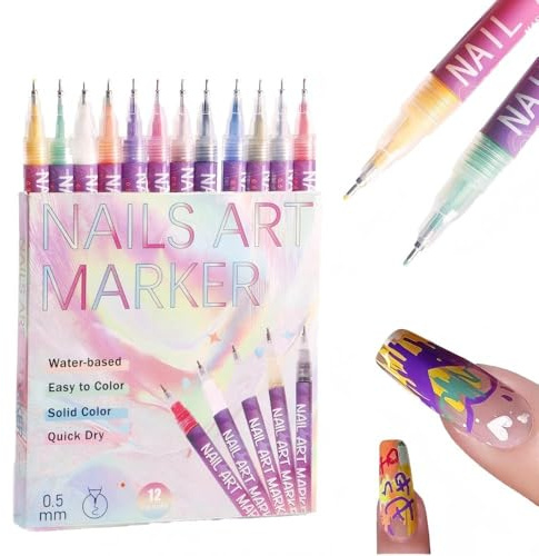 ZEOHBETY 12 Colors Nail Art Pens Set, 0.5 MM Nail Art Markers Polish Pen Waterproof and Quick Dry- Polish Pen for DIY Nails Art Design Manicure Tools