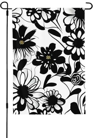 Schwarz-weiße Blumenflagge, doppelseitig, 71 x 102 cm, langlebiges Banner für Garten, Rasen, saisonale Dekoration