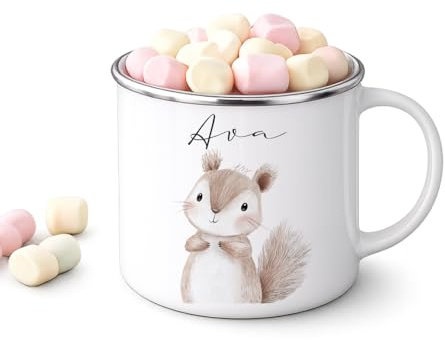 Personalisierte Kinder Emaille Tasse mit Namen – Niedliche Tiermotive Kindertasse – Geschenk zur Geburt, Taufe, Geburtstag, Einschulung (Eichhörnchen)