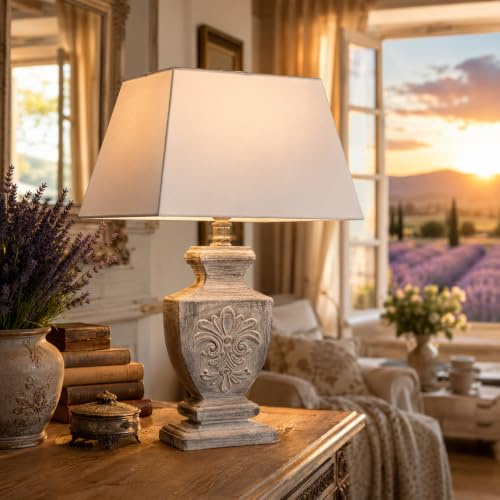 DRULINE Vintage Tischlampe im Landhausstil 53 cm Shabby Chic Nachttischleuchte mit Grauen Holzfuß und weißem Lampenschirm, E27,Tischleuchte – Ideal für Nostalgie- und Dekorliebhaber