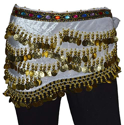Tanzbekleidung & Accessories Bauchtanz Münzgürtel Samt Hüfttuch Belly Dance Bauchtanzgürtel Karneval Münzen (Weiß)