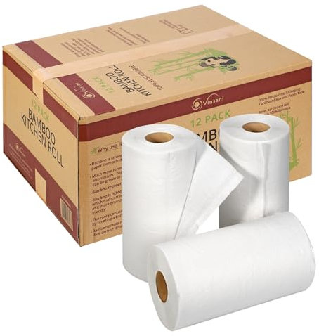 Vinsani Bamboo Kitchen Towels – 12 Rolls (2 Ply) of Super Absorbent, Eco-Friendly & 100% Natural Kitchen Rolls in Environment Friendly Packaging, 1200 Sheets Total (100 Sheets per Roll)
