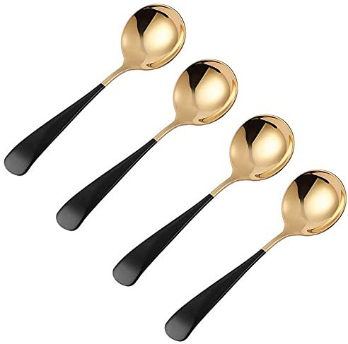 Suppenlöffel im Palast-Stil, große Schüssel, 4,6 cm, runder Kopf, Edelstahl, robuste Servierlöffel – Schwarz / Gold, 4 Stück