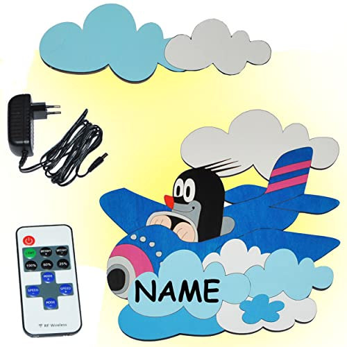 alles-meine.de GmbH 3-D Wandlampe - LED - der kleine Maulwurf - Pauli - im Flugzeug incl. Name - dimmbar mit Fernbedienung/Lichtprogrammen aus Holz - Lampe mit Schalter für Kin..
