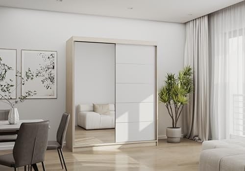 Fabryka Mebli Idźczak Kleiderschrank mit Spiegel - Schwebetürenschrank - Schlafzimmerschrank - 61 x 160 x 195 cm - Schrank für Schlafzimmer, Ankleidezimmer, Garderobe, Wohnzimmer - Weiß, Sonoma