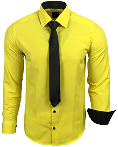 Baxboy 444-BK Herren Kontrast Hemd Business Hemden mit Krawatte Hochzeit Freizeit Fit, Farbe:Gelb, Größe:6XL