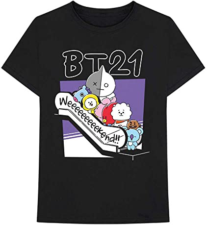 BT21 BTS Kpop Unisex Baumwolle Rundhals Kurzarm Tee Shirt, Weekend Black, L