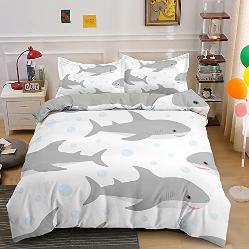 NDXRWDZR Bettwäsche 135x200 Grauer Hai Bettwäsche-Set mit Reißverschluss Schließung Bettbezug für Kinder Mädchen Weicher Atmungsaktive Mikrofaser Bettwäsche + 2 Kopfkissenbezug 80x80 cm