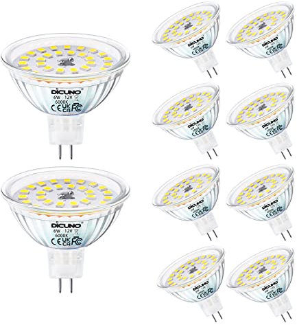 DiCUNO GU5.3 LED Lampe 6W, MR16 LED Ersatz für 70W Halogenstrahler, 610LM, Kaltweiß 6000K LED Spot, 12V AC/DC, Reflektorlampe für Akzentbeleuchtung, CRI 85, nicht dimmbar, 10er Set