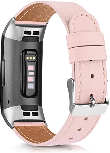 Tobfit Lederarmband für Fitbit Charge 4 Armbänder für Damen und Herren, genarbtes Leder, Ersatzarmband für Fitbit Charge 4/3/SE (Rosa)