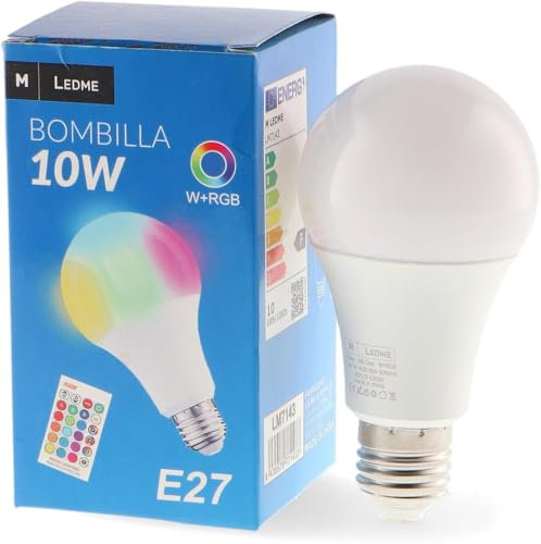 M Ledme - Bombilla LED con Control Remoto 10W (Eq. 70 W) casquillo E27 A60, 700 Lumen, RGBW, Regulable en intensidad, Luz Blanca y de Colores, LM7143