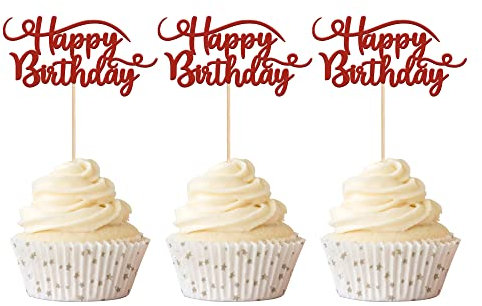 Xsstarmi 24 Pack Happy Birthday Cupcake Toppers Glitter Birthday Cupcake Food Picks for Celebrating Happy Birthday Theme Party Cake Decorations Supplies Red