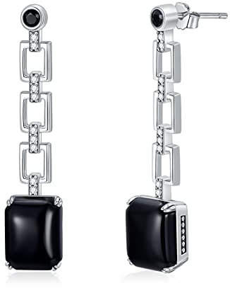 Ohrringe Onyx Schwarz 925 Sterling Silber Kettenglieder Dangle Drop Ohrhänger 10mm Stein Achat Ohrringe für Frauen
