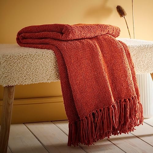 Appletree - Orange Chenille Throw (130 x 180cm) - Textured Throw in Terracotta - Reversible - Tassel - Polyester - Warm - Unisex - Contemporary, Boho - Camping - BLANKET