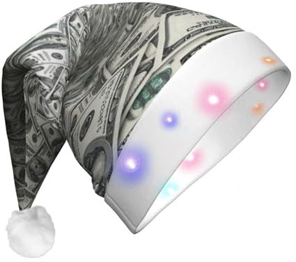OPSREY Dollars Funnel Print Led Light Christmas Hats Novelty Santa Hat Plush Xmas Holiday Hat For Adults Christmas Costume Accessories Gifts