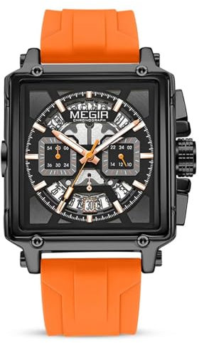 FORSINING Analoge Quarzuhr für Herren, lässig, quadratisches Zifferblatt, Silikonband, modisch, Business, wasserdicht, Datumsanzeige, Orange, Armband