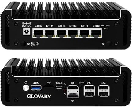 Glovary Firewall Mini PC Quad Core N100, DDR5 8GB RAM 128GB NVMe SSD, 6 x 2.5GbE i226V LAN Fanless Computer Hardware, Micro Firewall Appliance, AES-NI, OPNsense, TypeC Port, TF Card Slot