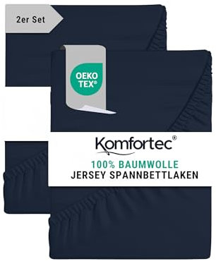 Komfortec Spannbettlaken Jersey 2er Set 100% Baumwolle – 90x200 cm – Weich, Atmungsaktiv & Hautfreundlich – Mit Rundumgummi – Oeko-Tex Zertifiziert – Für Boxspring, Topper & Matratzen – Blau
