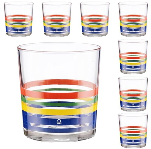 UNITED COLORS OF BENETTON. Set cristalería 8 Piezas de Vasos de Vidrio para Agua, Decorados, 33 cl, Cristal, Rayas Finas