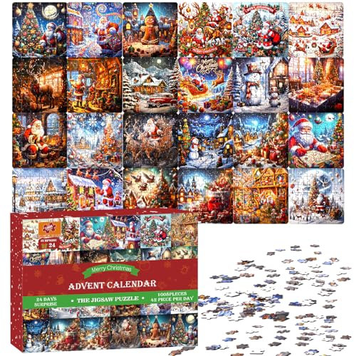 Adventskalender 2025 Puzzles für Kinder, 1008 Teile Weihnachts-Countdown-Kalender-Puzzle für Jugendliche und Erwachsene (Braun)