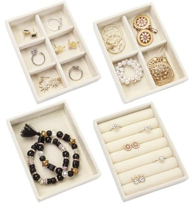 Nwvuop 4 bandejas pequeñas para joyas, cajón apilable, organizador de joyas para pendientes, collares, pulseras, anillos, 12,5 × 9,5 × 2,5 cm (beige)