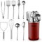 Ensemble d'ustensiles de cuisine – 10 pièces, ustensiles de cuisine en acier inoxydable avec cuillères, fouet, spatule, pince, louche, presse-purée et support pour ustensiles de cuisine – Accessoires
