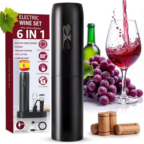 Sacacorchos Eléctrico Profesional 7 en 1 |Set de Vino Premium | Abridor de Vino Automático con Aireador + Vertedor + 2 Tapones Vacío | Regalos para Hombres | USB Recargable (Versión 2025)