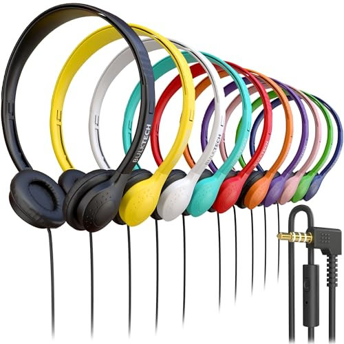 10 Pack Bulk Wired On-Ear Leather Headphones with Microphone and 3.5mm Connector, Multi