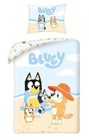 Bluey Family Kinderbettwäsche 140x200 + Kissenbezug 100% Baumwolle Bingo | Wendebettwäsche Einzelbett | Naturbaumwolle atmungsaktiv Oeko-Tex | Offizielle Lizenz | Kinder 3-8 | Geschenk | Geschenkidee