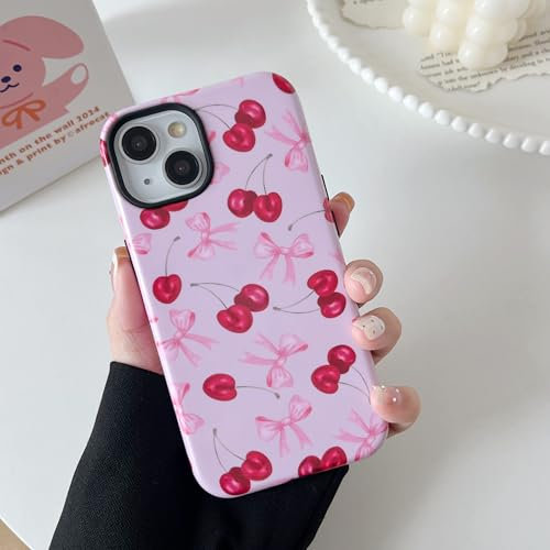 DEFBSC Case for iPhone 13/iPhone 14, Cute Pink Bow Cherry Print Aesthetic Trendy Pattern for Women Girls Slim Durable Bumper Shockproof Hybrid Hard Back Phone Cover, Big Ribbon/Glossy