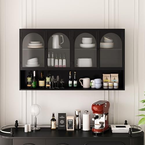 HAINEW Moderner Hängeschrank Küchenschrank Wandschrank mit 4 Glastüren, Metal und Glas Badschrank Sideboard Hängend Medizinschrank für Küche Bad, 120×23×70cm (Schwarz)