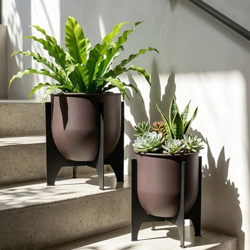 TRIROCKS Juego de 2 macetas con soporte de metal para interiores y exteriores, 16 y 8 pulgadas de alto, macetas modernas para sala de estar, esquina, cocina, oficina, jardín, balcón, decoración de