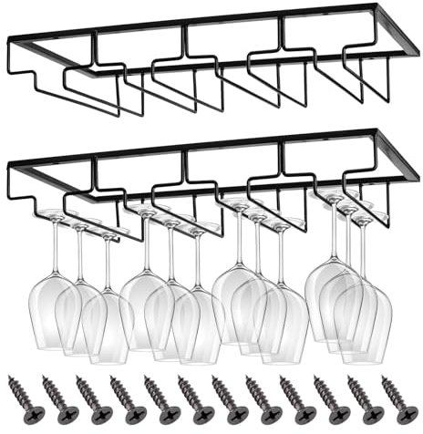 CIRULLI 2Pièces 4 Rangs Support pour Verre à Vin en Métal,Porte-Verres à Pied Suspendu,Capacité de 8 à 12 Verres par Support,Support Sous Armoire Avec Vis pour Cuisine,Bar et Restaurant