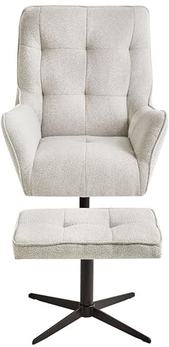 Beliani Drehsessel Hellbeige Stoff Klassisch Sessel mit Hocker Gesteppt | Beige, Mit Armlehnen, Nach aussen gebogen, Schaumstoff-Füllung, Holz, Sitzhöhe 50 cm, Mit Fußstütze, Belastbarkeit 136 kg