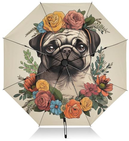 RPLIFE Reise-Regenschirm mit Mops-Motiv, winddicht, leicht, langlebig, automatisches Öffnen, Schließen für Frauen, Reise-Regenschirme für Regen und Sonne