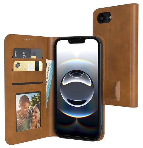 EAZY CASE - Klapphülle für iPhone 16e Hülle klappbar mit Kameraschutz Schutzhülle Magnetverschluss Ständer Vintage Klapptasche Kartenfach Sichtfenster Foto Etui Premium Handyhülle Hell Braun