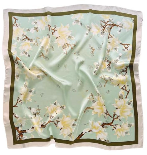 GIMIRO Frauen 70x70cm Schal Simulierte Seide Damen Seidenschal Mintgrün mit Kamelienblüten, Satin Tuch mit Olivgrüner Bordüre (Light Green Olive White Magnolia FJ930-2)