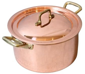 CREARTISTIC Cacerola alta de cobre estañado con tapa – Olla 29 x 16,5 cm 9 L – Para ragú y otros saltos, con 2 asas de latón, hecha a mano – 100% fabricada en Italia
