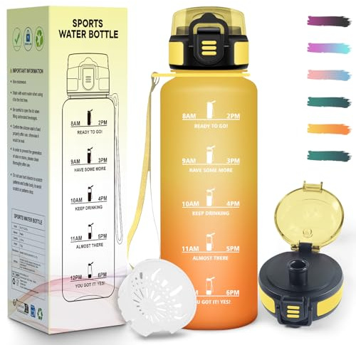 Mulbijeo Gourde 1,5L, Motivant et Étanche, Bouteille D'eau Sport, Réutilisable, Bouteille, Marqueur Horaire, Gourde Graduée pour 1 Journee, pour Salle de Sport, Travail, Camping, Randonnée