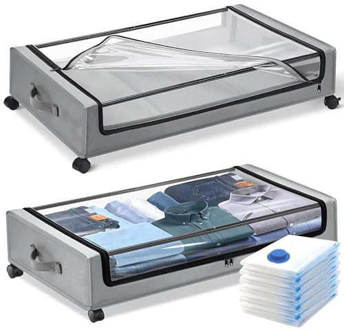 Scettar 2 Pcs Under-Bed Storage Box with Wheels, Rolling Storage Containers with Clear Lid & Label 360° Rotation, Large 45L with Handles, Closet Organisation