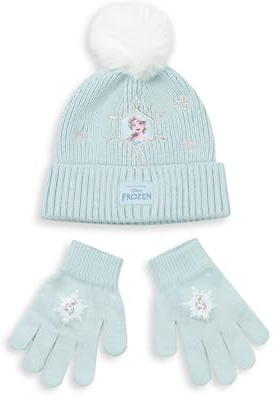 Disney Frozen Elsa Mädchen Hellblaue Mütze und Handschuhe Set | Winter-Accessoires für Kinder | Warme Mütze mit Charakter-Design & passende Handschuhe Merch