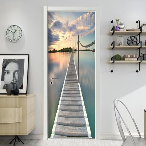 AstraDesign Tür Tapete „Sonnenuntergang“ 88x200cm – selbstklebende PVC-Folie, Premium Qualität – 3D-Motiv, Holzsteg, Meer & Abendsonne – Wohnzimmer, Flur oder Bad – rückstandslos entfernbar