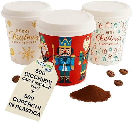 G.M. DISTRIBUZIONE GM - 500 Bicchieri Decorati Natalizi in Carta Bio Compostabile 75 ml con Coperchi Rigidi – Riutilizzabili, Ecologici – Ideali per Caffè – Perfetti per Bar, Uffici ed Eventi Festivi