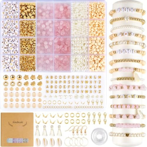 EUES Natürliche Rosenquarz Perlen für Armbänder, Edelstein Perlen Kit, Naturstein Perlen Set mit Holzperlen, Armbänder Selber Machen für DIY Perlen Bracelet Making Kit, Weihnachten