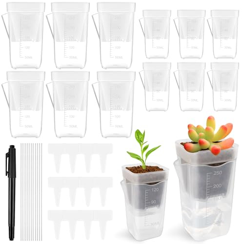 Windspeed 6+6P Mini Clear Self Watering Pots with Indicator 6.5 cm and 5 cm Semi Clear Hydroponic Pots for Indoor Small Plants, Mini Self Watering Planters with Water Level Markings, Drainage Hole