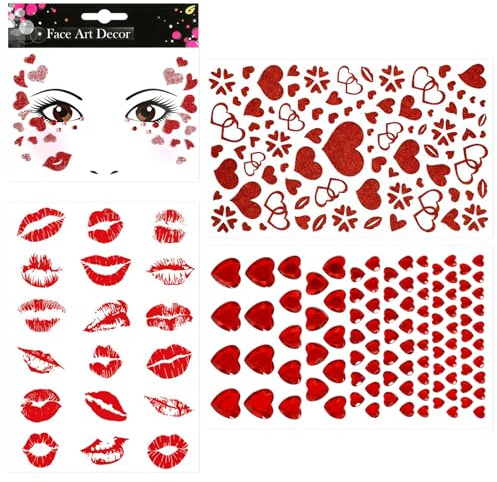GWAWG 4 Stück Gesichtstattoo Aufkleber für Karneval, Glitzer Herz, Strass Steine & Leuchtmund Sticker für Fasching, Party, Halloween, Temporäre Tattoos für Damen, Herren