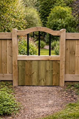 Wooden Garden Gate with Curved Top – Pressure Treated Outdoor Fence Gate with Metal Spindles (90cm Hight x 60cm Wide x 5cm Deep)
