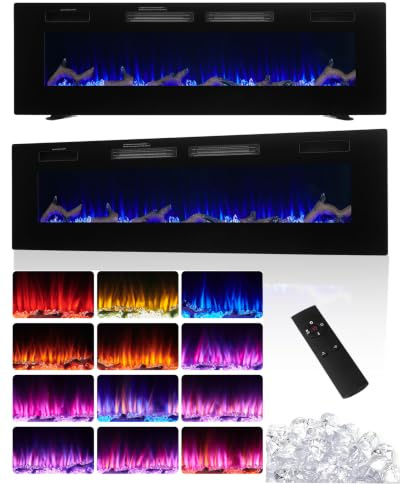 42/50/60 Ultra-Thin Electric Fireplace 750W/1500W Energy Efficient Heater Freestanding/Wall Mounted/Recessed 12 Colours Flame Effect 5 Brightness Levels Remote & Touch (Black, 60in/152cm)