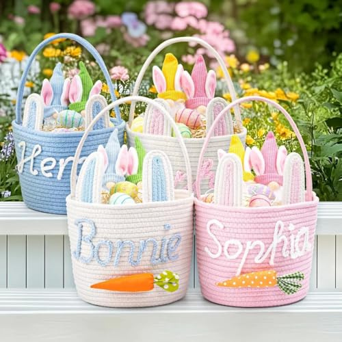 XGSiNuoBao Personalisierter Osterkorb mit Namen, individueller Hasen-Ostereiersuche, Eimerkorb, Baumwollseil, Tragetasche, Organizer, Dekorationen, Ostergeschenke für Jungen und Mädchen